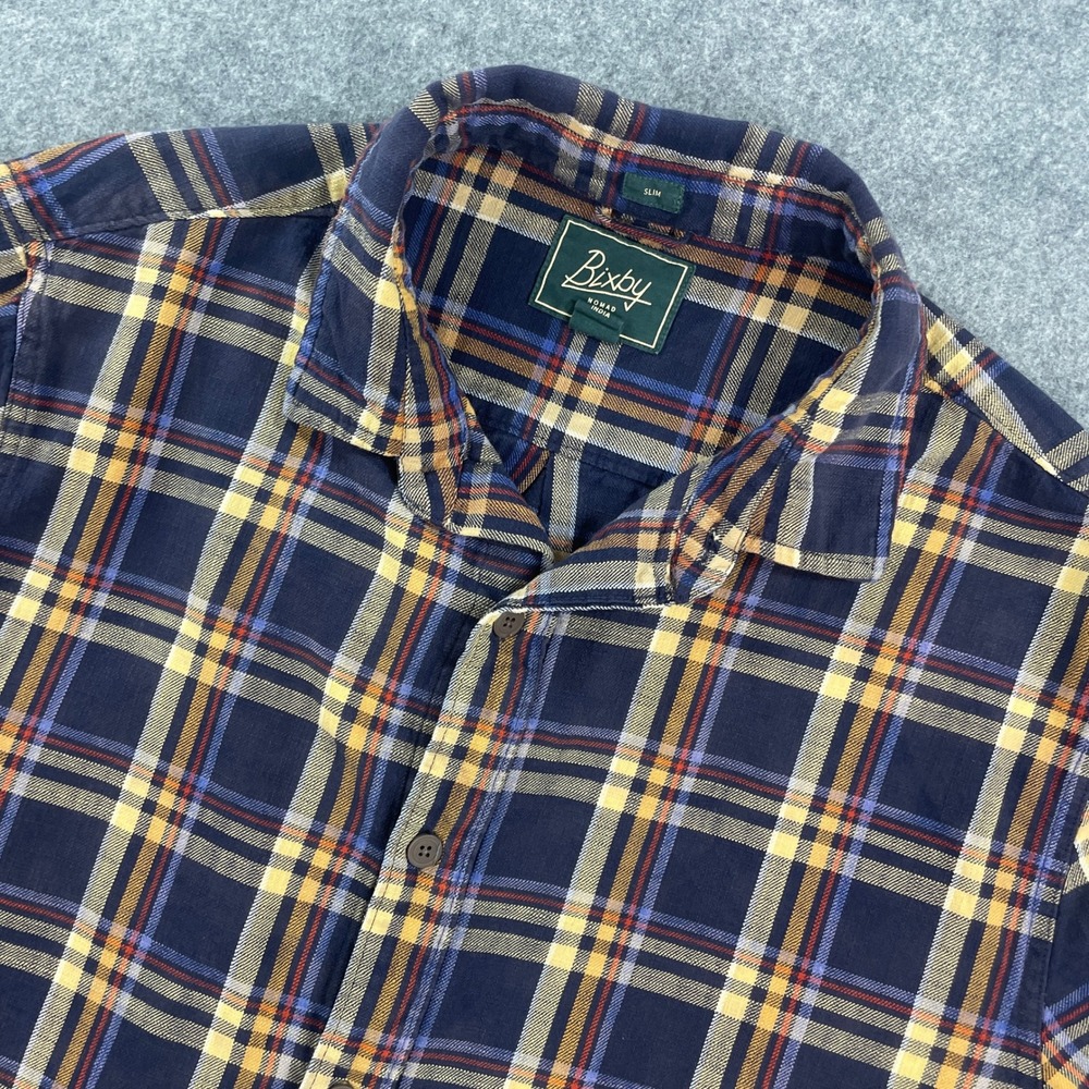 Bixby Nomad Mens Button Down Shirt L Navy Plaid Long Sleeve Slim Fit Dixxon Snap